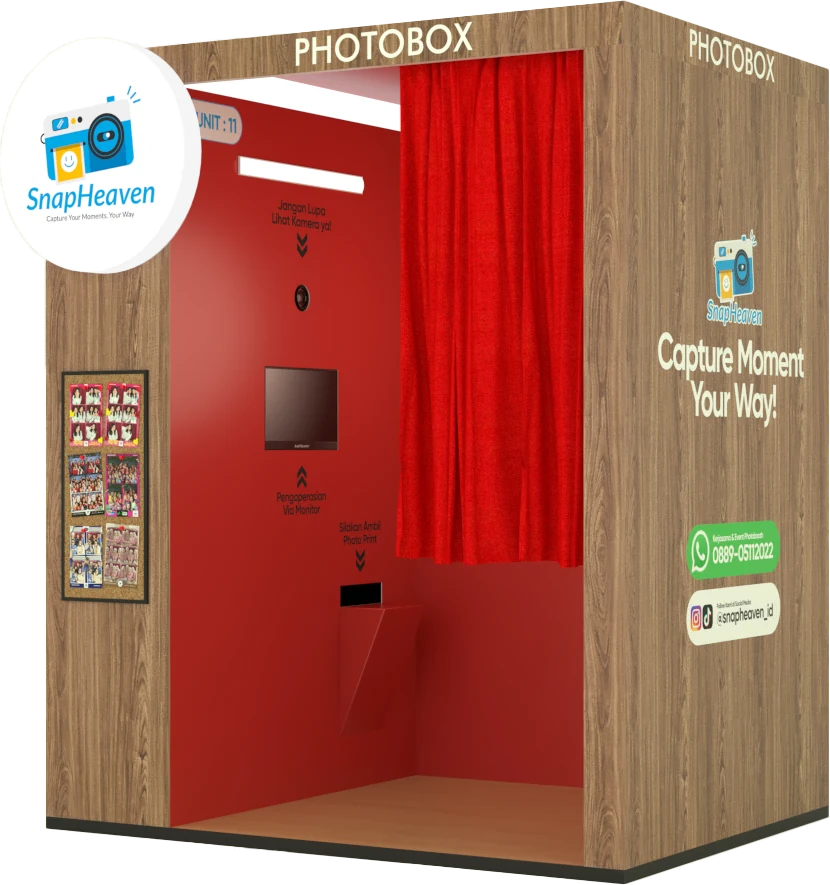 Mesin photobox SnapBox tampilan Kayu, tampak samping depan